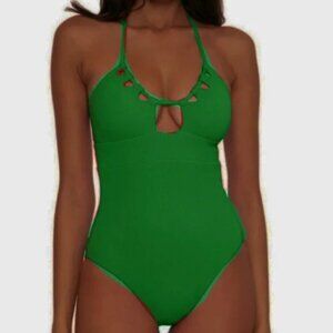 New! BECCA Pucker‎ Up Candice Textured Halter Cut Out One Piece Swimsuit